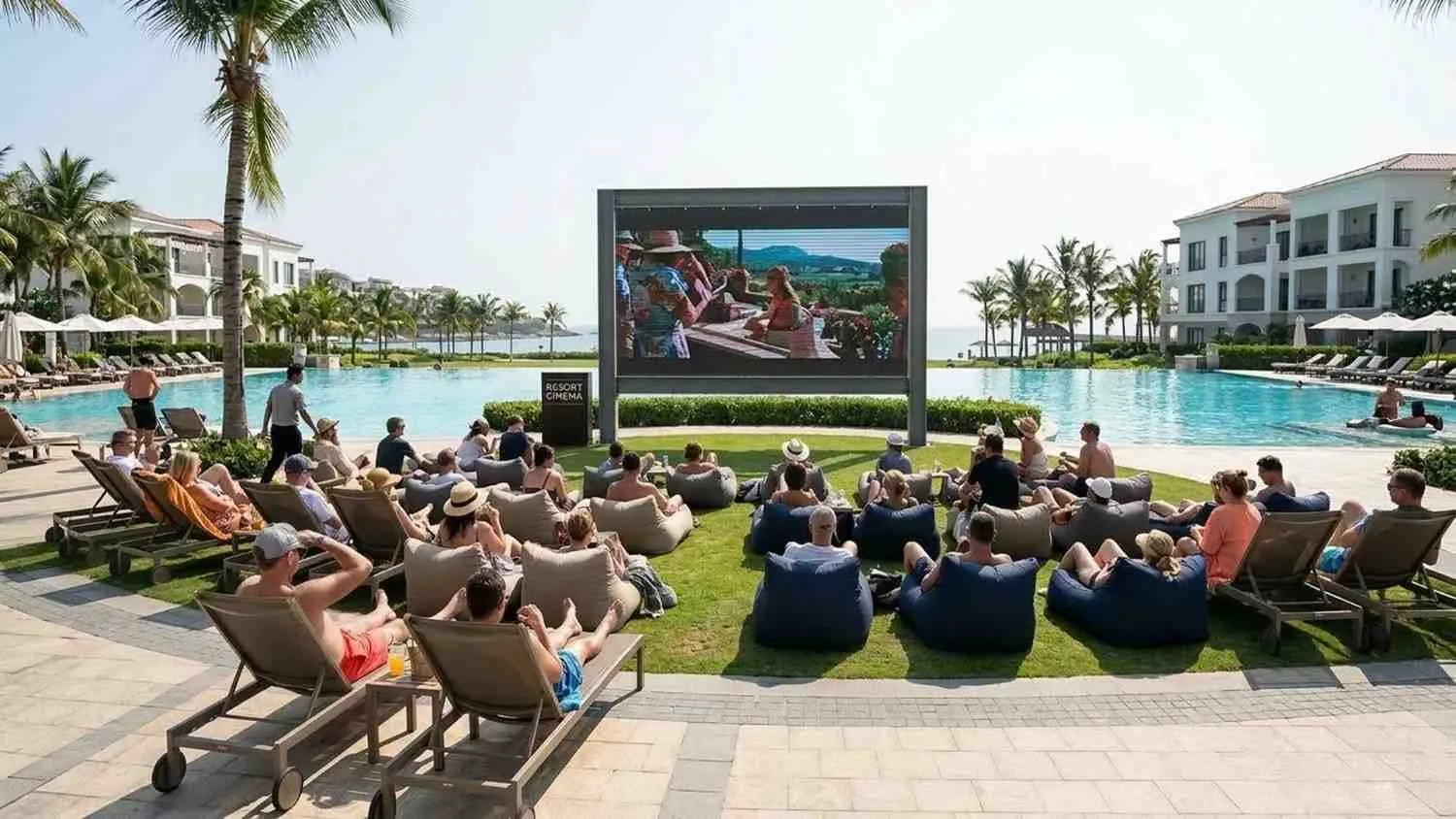 A permanent outdoor LED screen at a resort at dusk