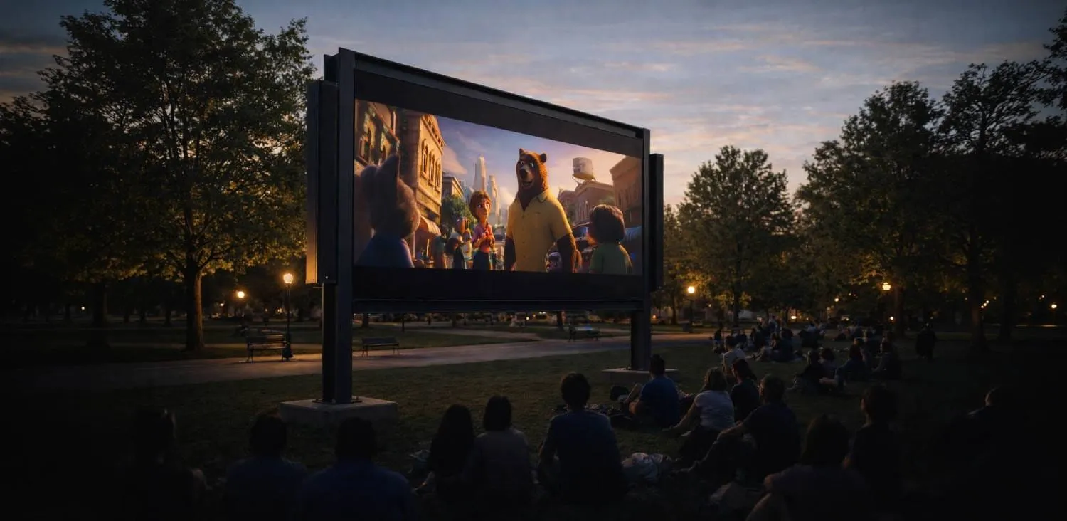 An outdoor LED cinema screen at dusk with a crowd watching