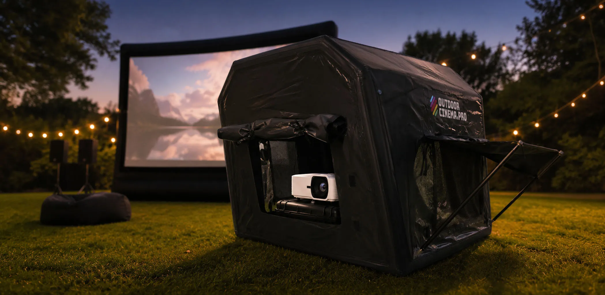 An inflatable projector weather tent on grass at dusk in front of an outdoor cinema screen