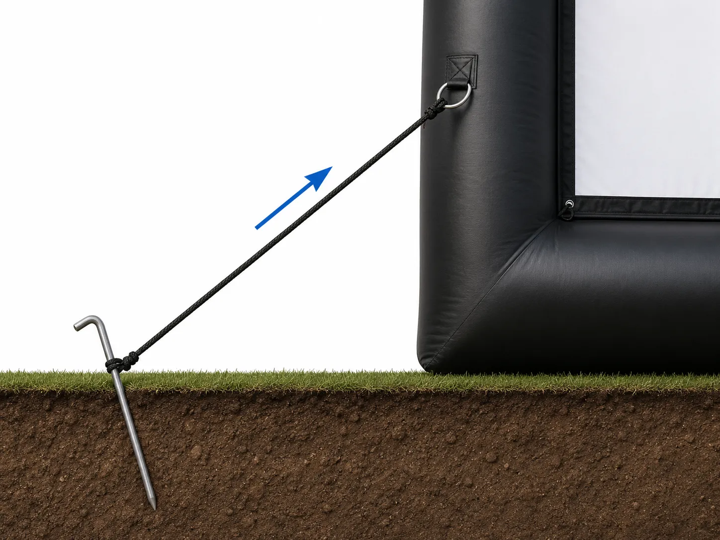 Side view of a ground peg driven at an angle leaning away from the screen, with the tether running at 45 degrees from the peg up to a rated D-ring on the screen frame