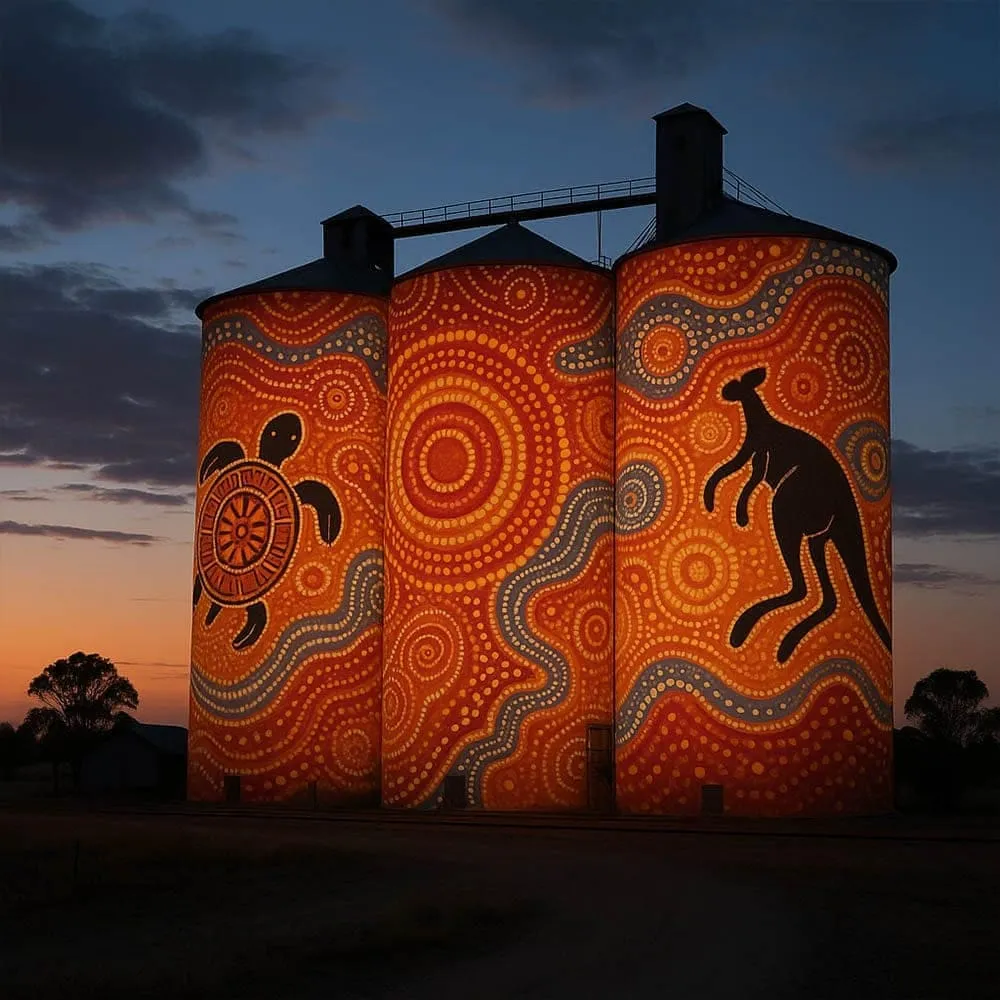 Coloured projection mapped onto a building facade at night
