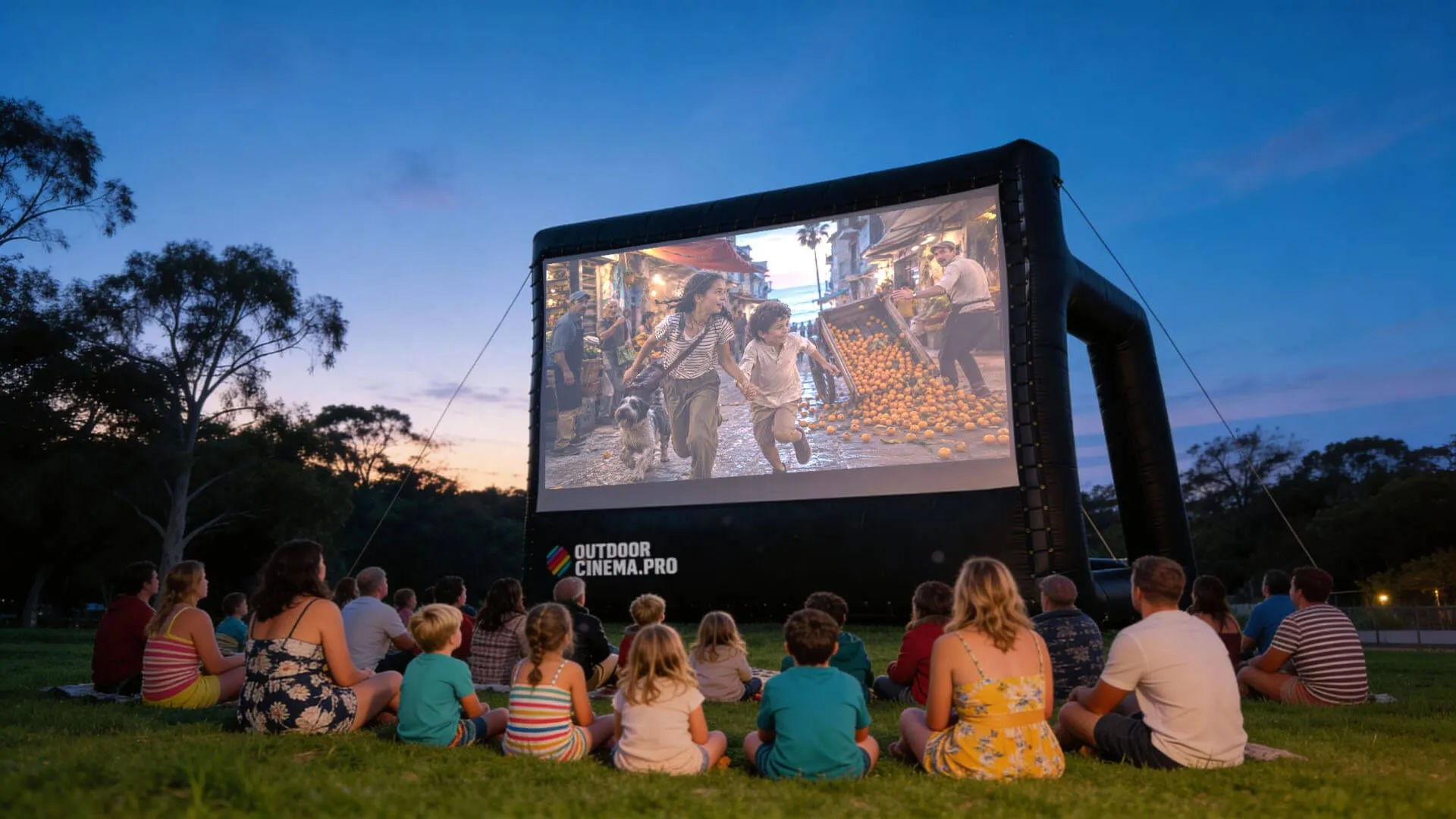 An outdoor cinema inflatable screen at dusk with a crowd seated on the grass