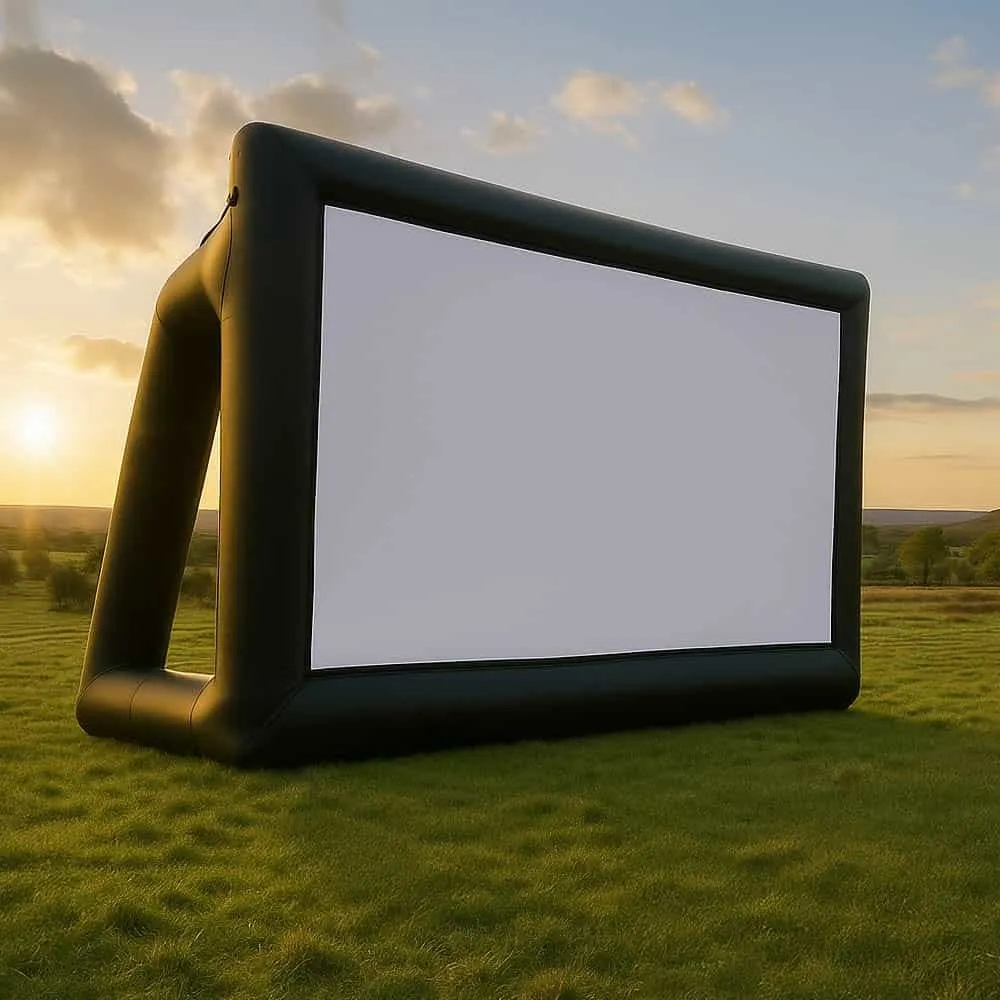 An inflatable outdoor cinema screen set up on a lawn at twilight with seating