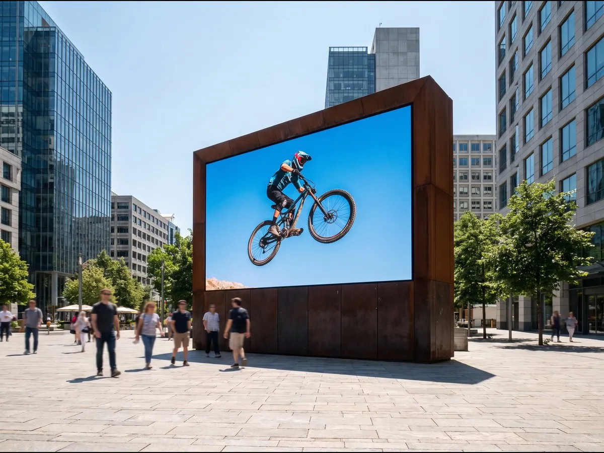 Illustration: an outdoor LED wall in a city plaza showing a sharp fast-motion image in full daylight