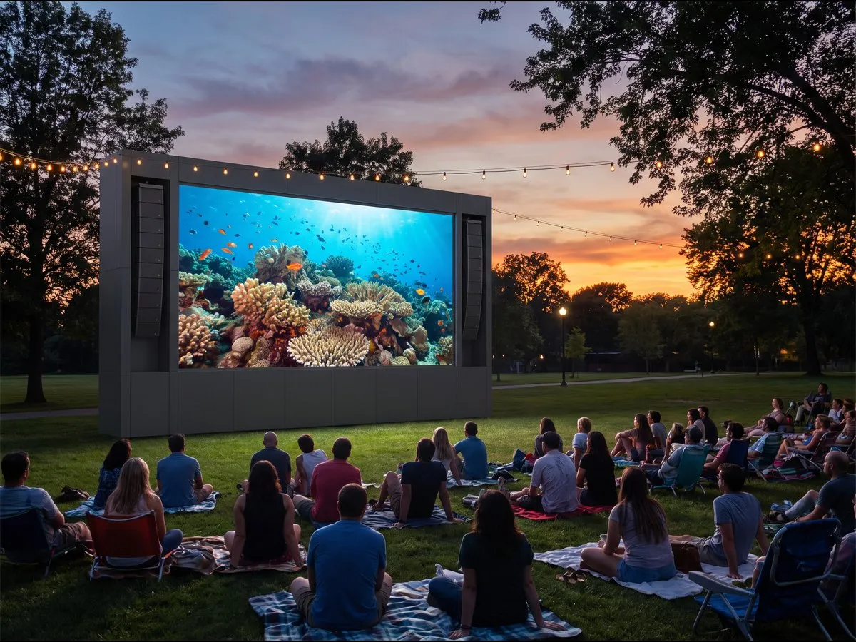 Illustration: a permanent outdoor LED screen in a park at dusk with speaker columns built into its frame and an audience on picnic rugs