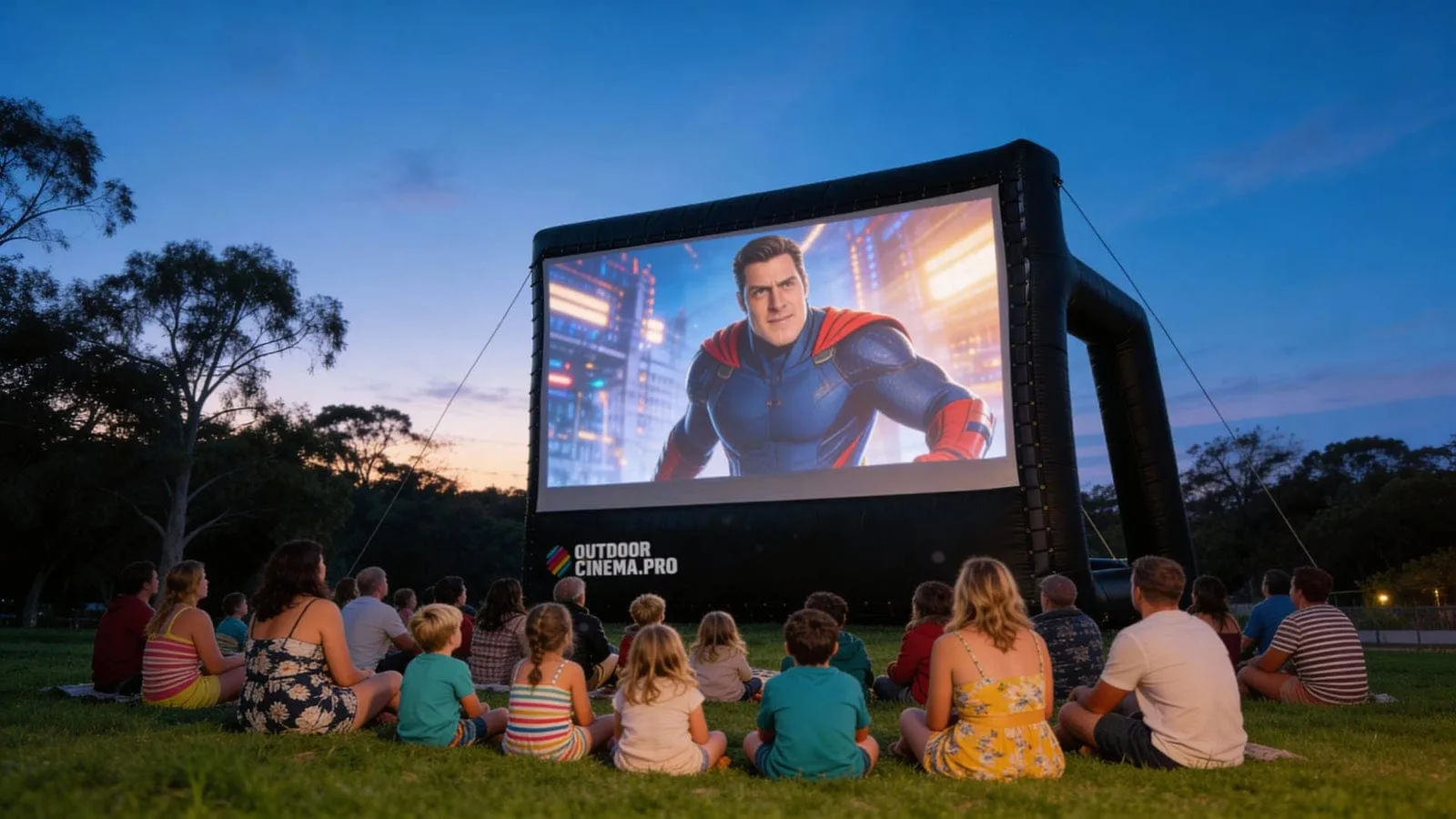 An outdoor cinema set up at a Yarra Valley winery at dusk