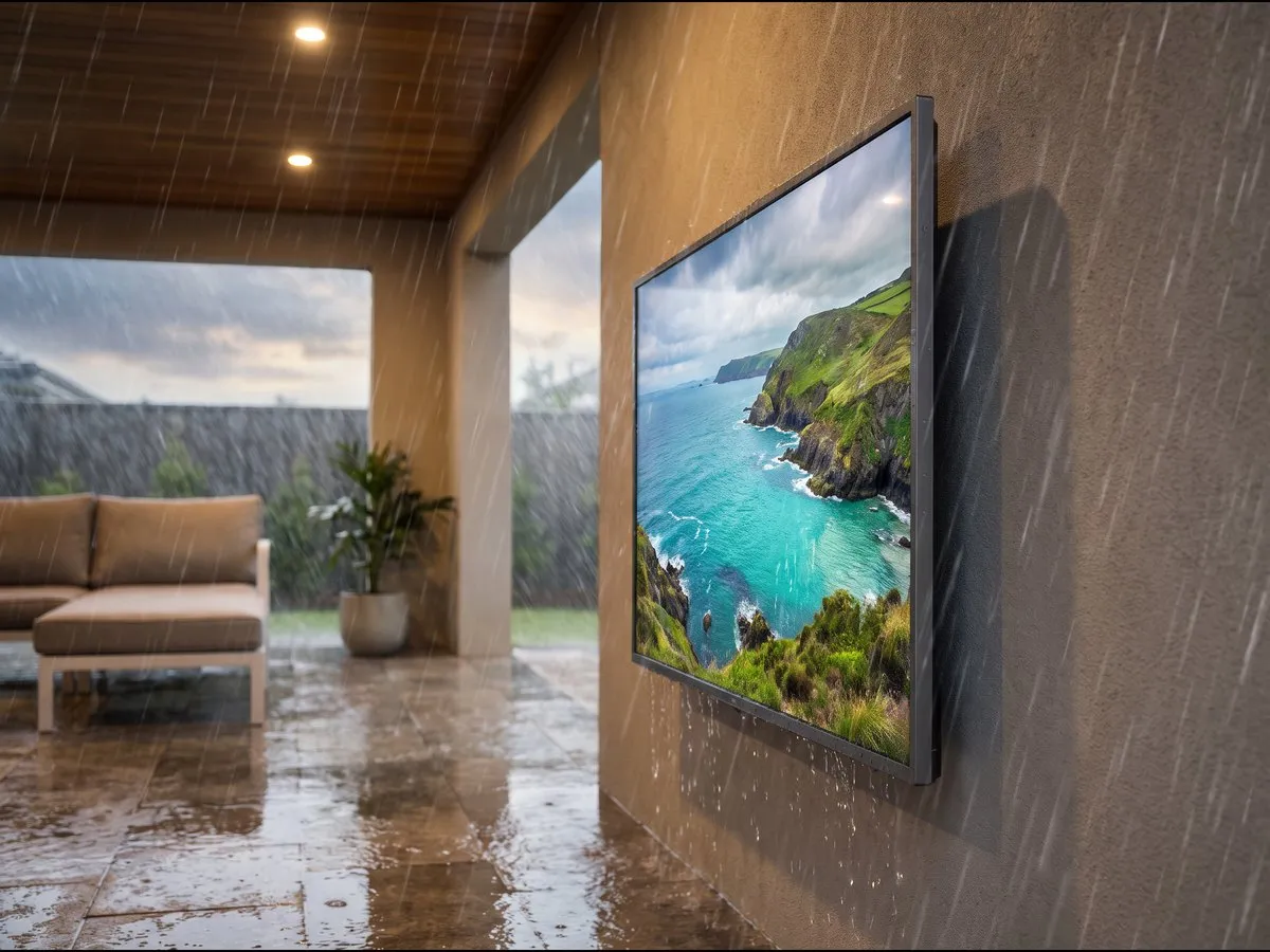 Illustration: a slim outdoor television mounted on a covered patio wall, still showing a clear picture in heavy rain