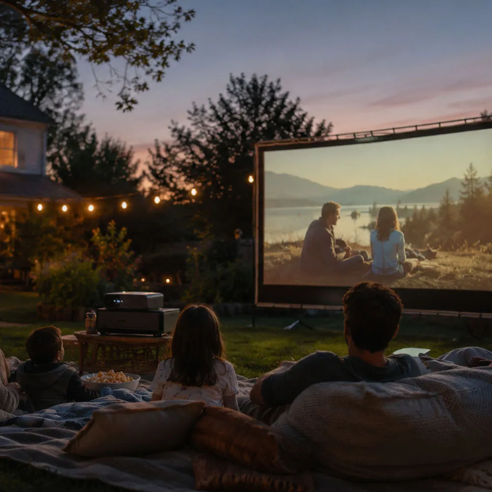 A backyard set up for an outdoor movie night with a screen and seating