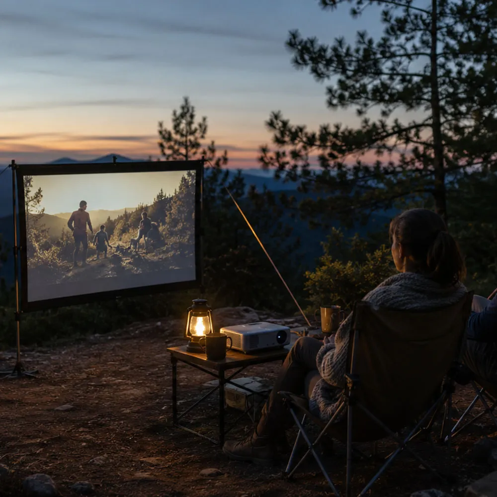 A compact portable cinema screen set up at a campsite at dusk