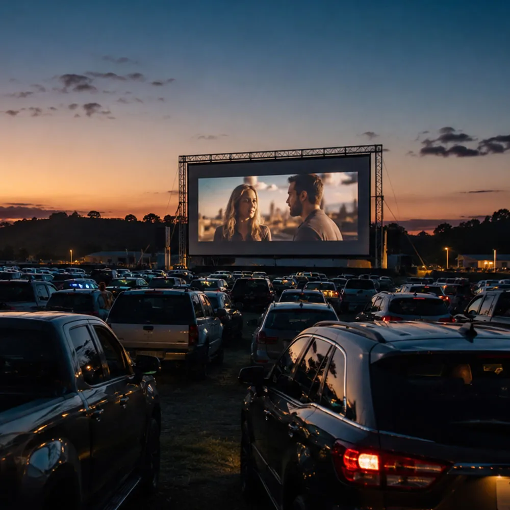 Cars parked facing a large outdoor screen at a drive-in cinema at dusk