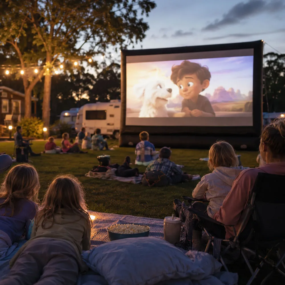 Families watching an outdoor movie at a holiday park at dusk