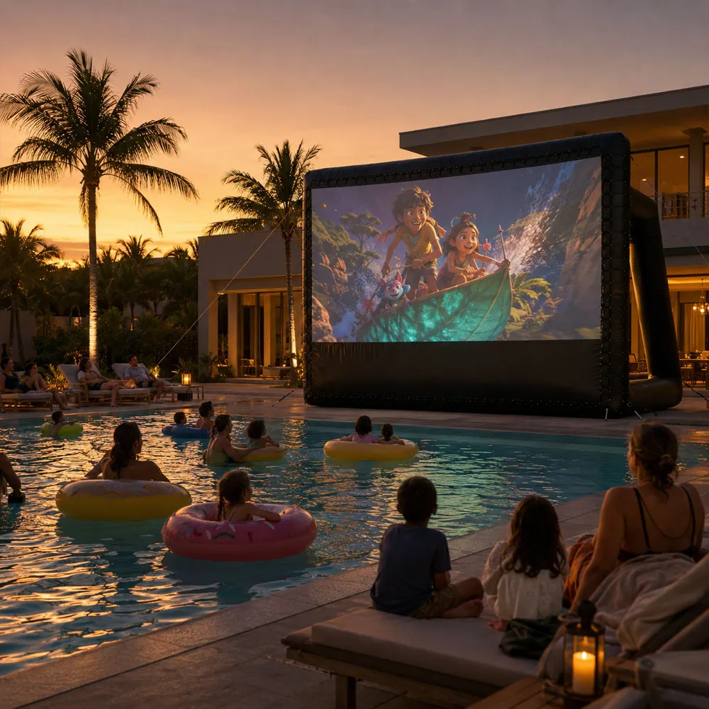 A poolside dive-in movie at dusk — families floating on the pool watching an inflatable cinema screen at a resort