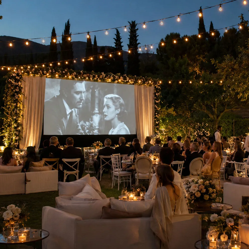 A movie-under-the-stars setup at a wedding reception at dusk