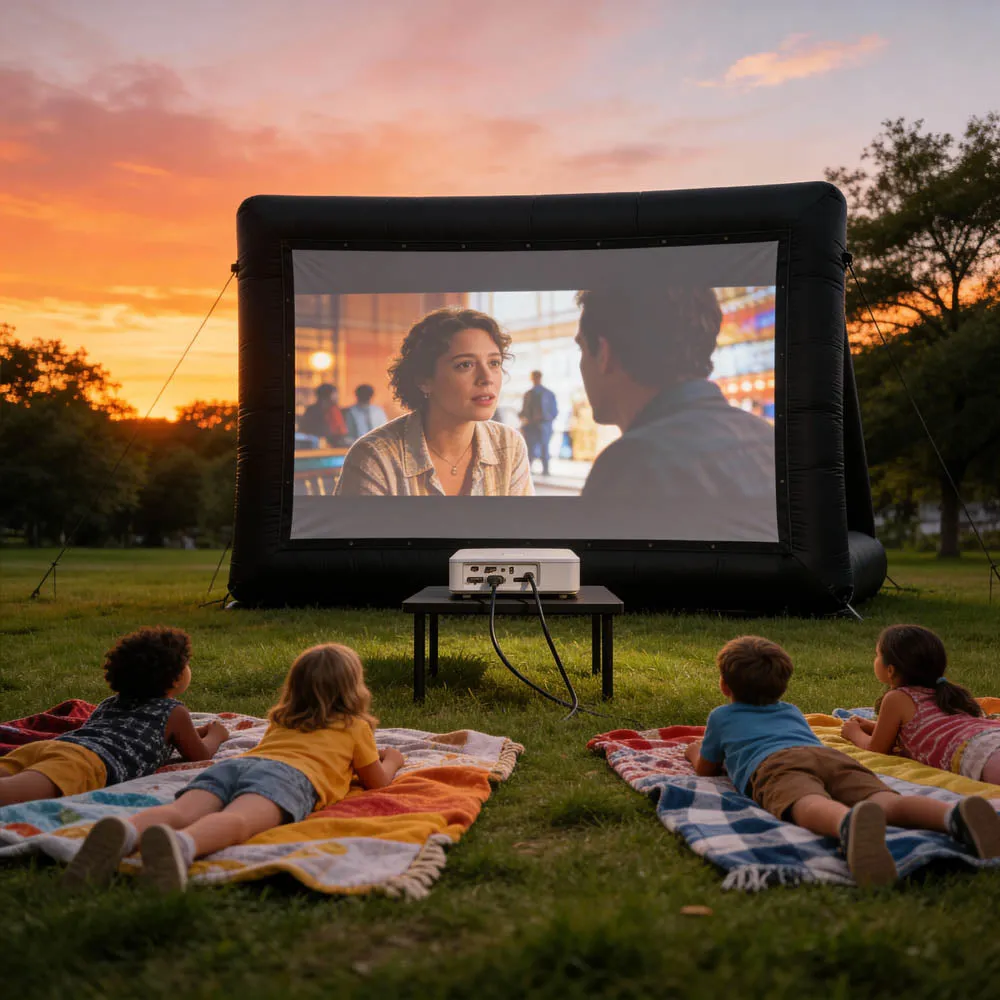 Front-projection inflatable cinema screen at sunset