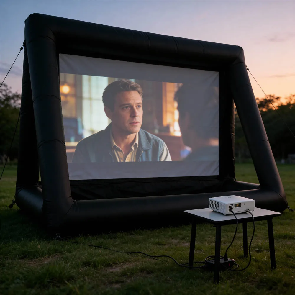 Rear-projection inflatable cinema screen with the projector behind it