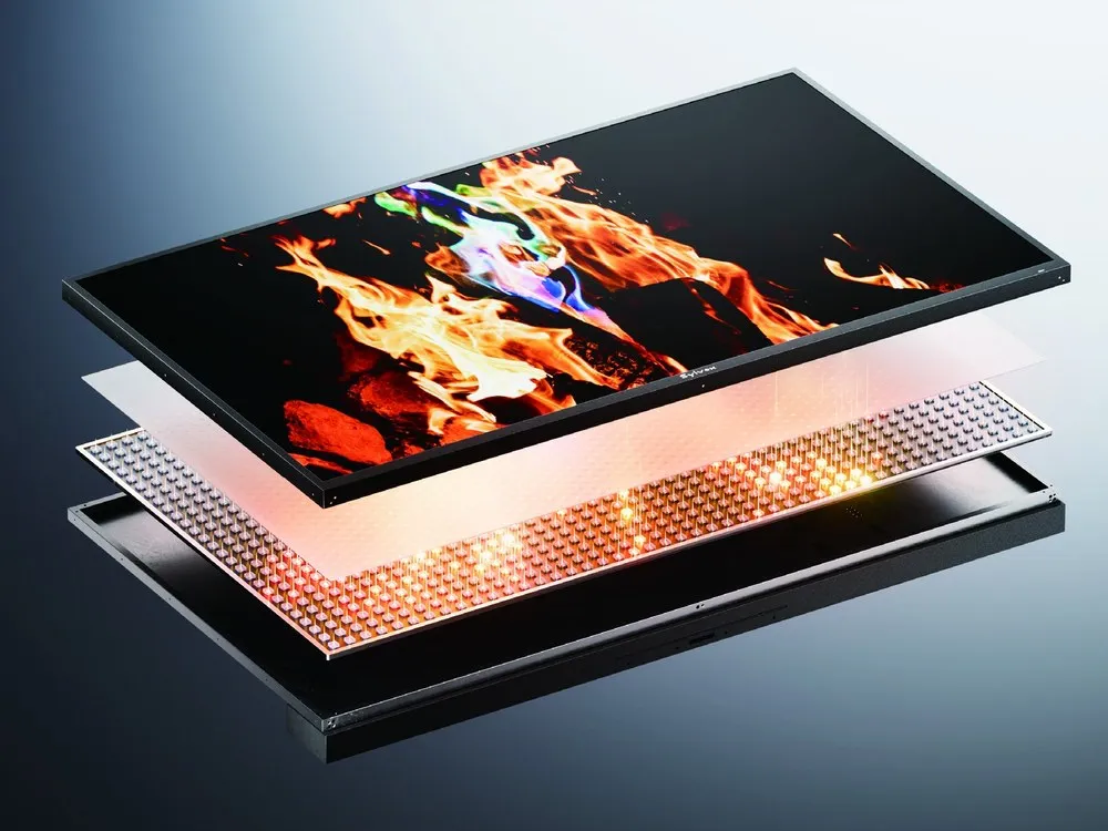 Exploded view of the Helio QLED panel layers in a Sylvox Cinema Pro outdoor television