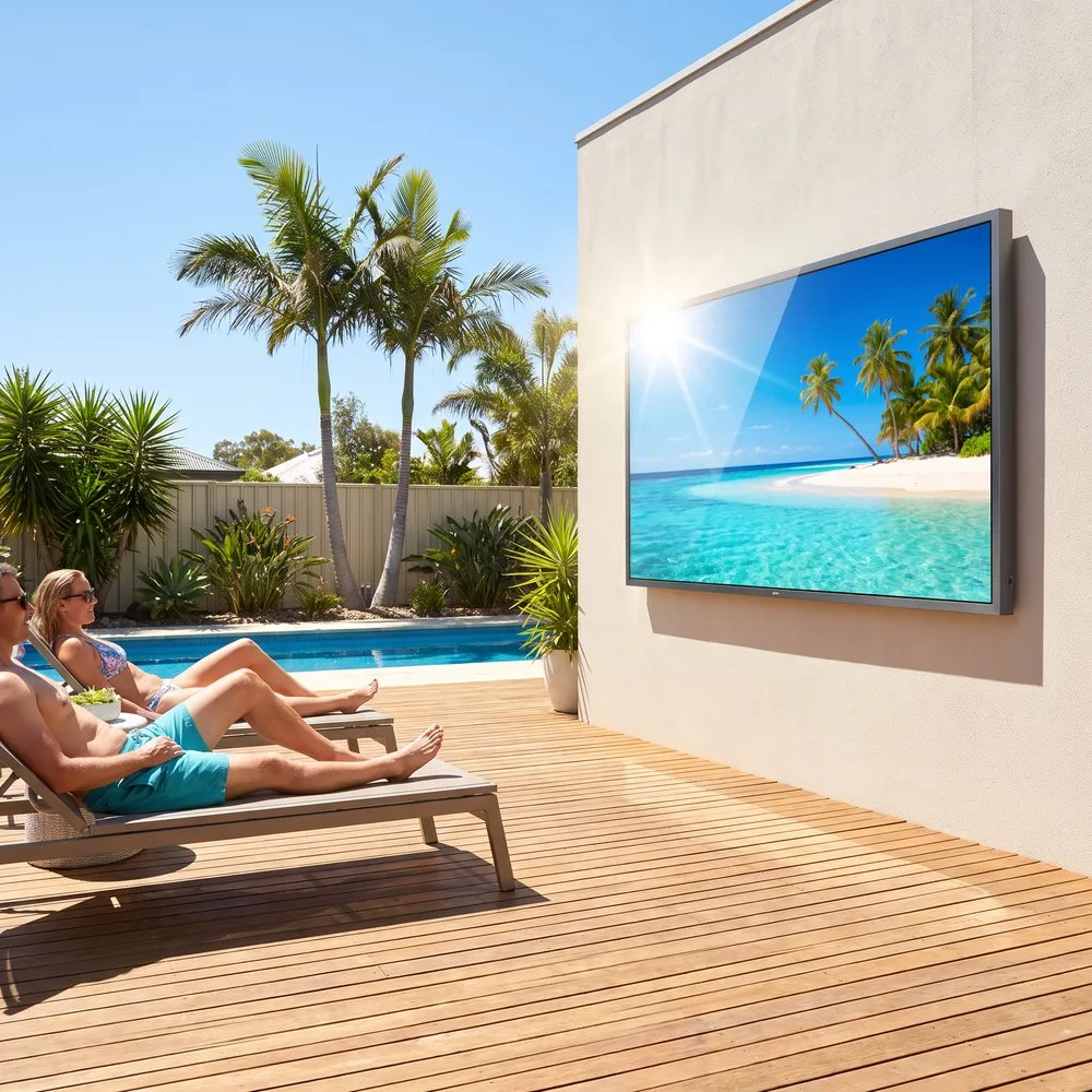 Illustration: an outdoor TV on a pool-deck wall in full midday sun, the picture still bright and clear