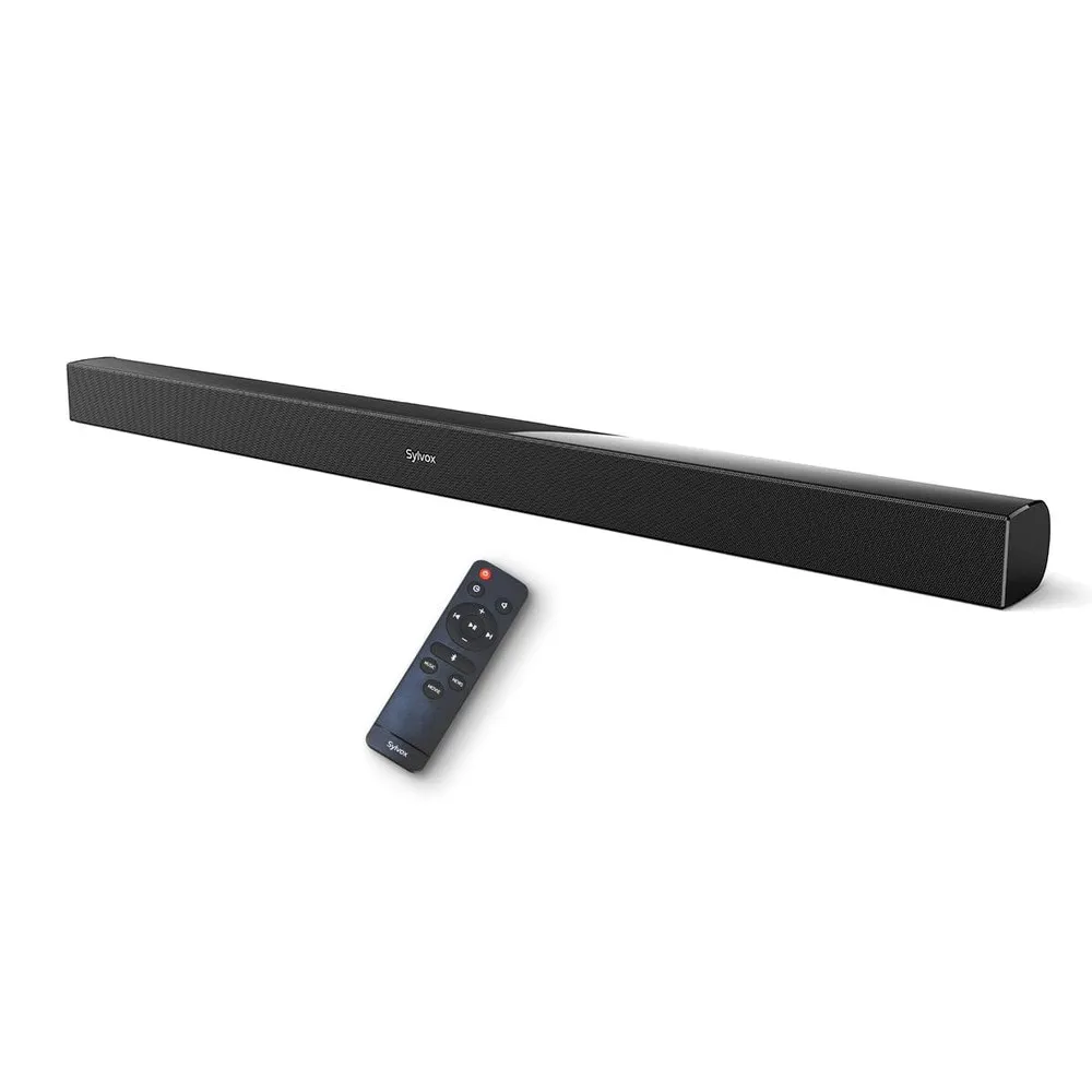 The Sylvox Elf S2 IP65 outdoor soundbar with its remote control