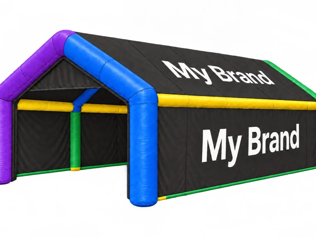 Illustration: a black inflatable marquee with air beams in purple, blue, yellow and green, carrying a printed brand name on both the roof and the side wall