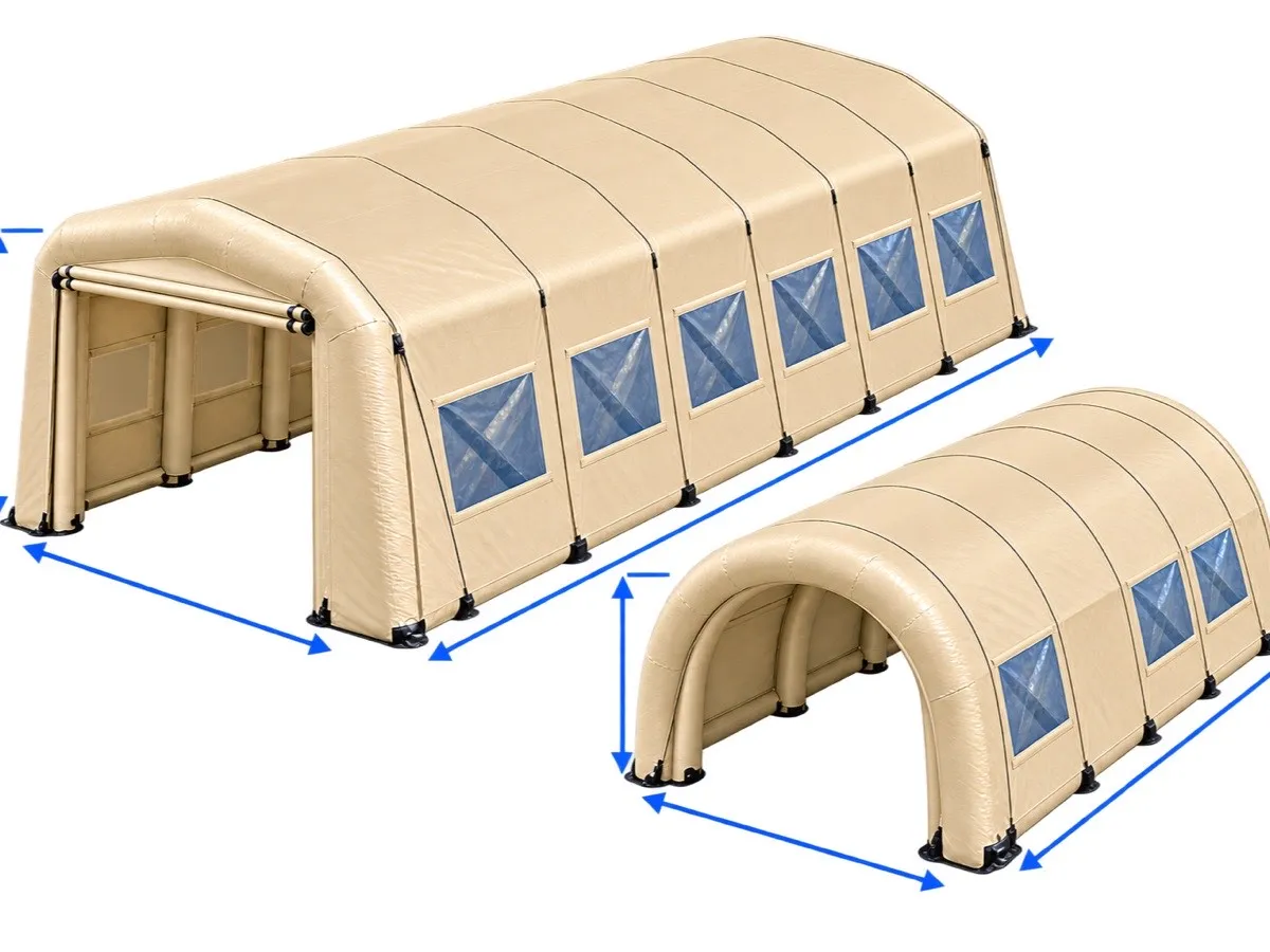 Illustration: two tan inflatable tents of different sizes and profiles with dimension arrows marking their length, width and height