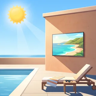 Illustration: a TV on an exposed pool-deck wall in harsh midday sun