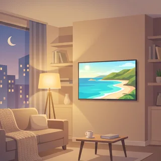 Illustration: an indoor living room at night with a TV on the wall